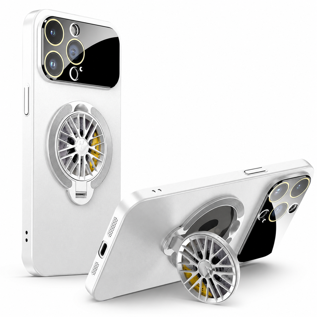 A white case stands upright beside a horizontal view supported by a silver spoke-patterned rear ring.