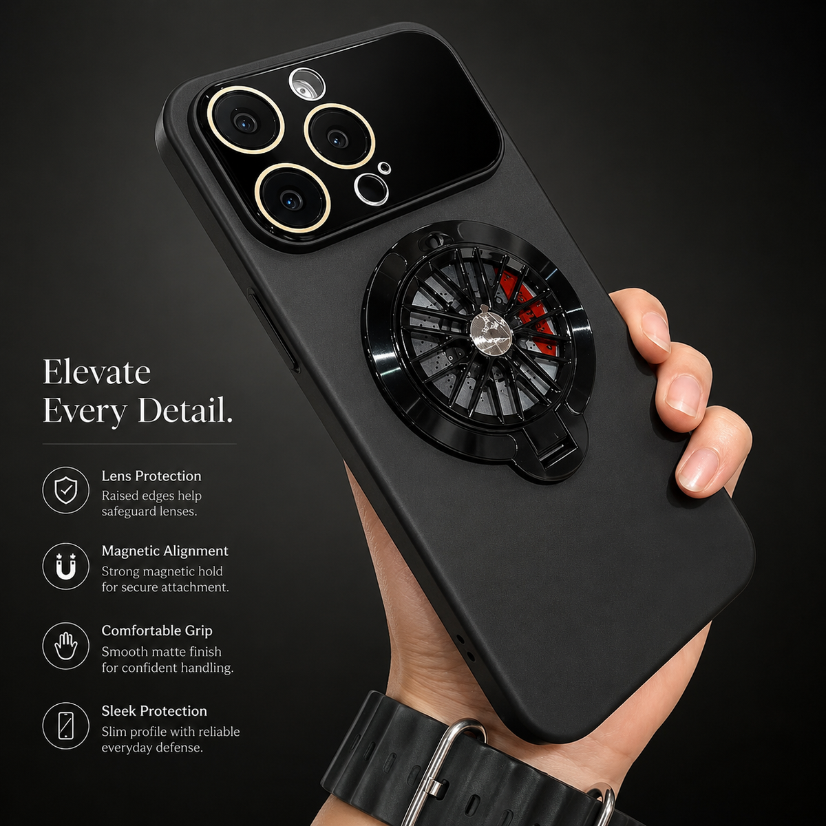 A hand wearing a dark wristwatch holds a black case, showing its broad glossy camera panel and circular spoke-patterned ring.