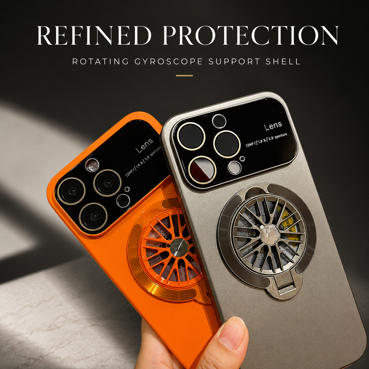 A hand holds orange and gray cases side by side beneath Refined Protection. Rotating Gyroscope Support Shell.