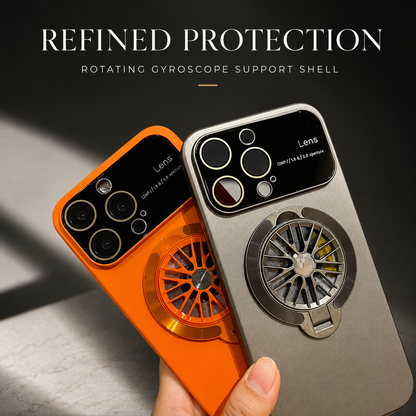 A hand holds orange and gray cases side by side beneath Refined Protection. Rotating Gyroscope Support Shell.