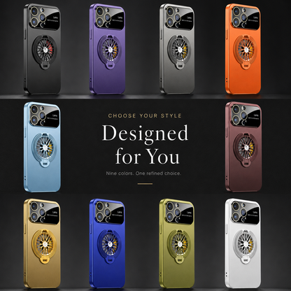 Ten cases in black, purple, gray, orange, pale blue, burgundy, gold, blue, green and white are arranged on dark display shelves.