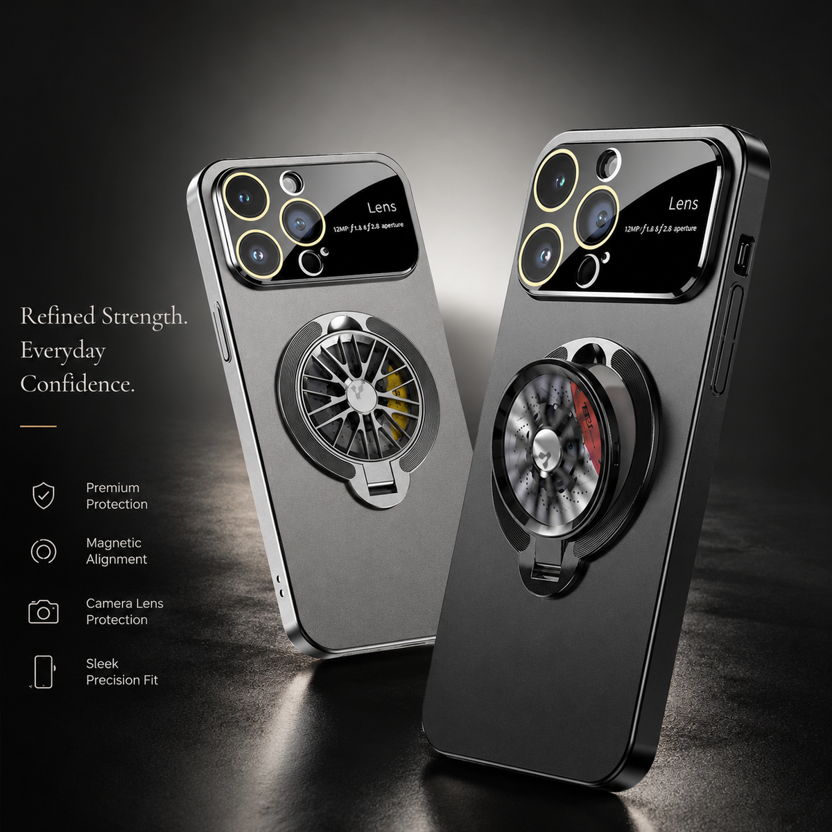 Gray and black cases stand side by side on a dark reflective surface, each with a broad camera panel and spoke-patterned circular ring.