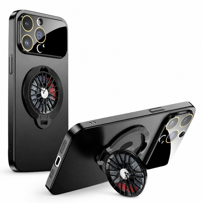 A black case stands upright beside a horizontal view supported by its circular spoke-patterned rear ring. A broad glossy camera panel sits above the ring.