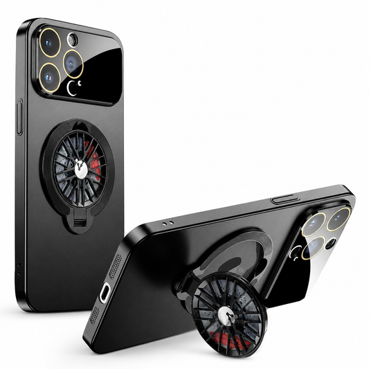A black case stands upright beside a horizontal view supported by its circular spoke-patterned rear ring. A broad glossy camera panel sits above the ring.