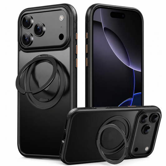 Black case shown upright from the front and back, with a third phone resting horizontally on its opened circular ring stand. The ring pivots outward from the center of the back.
