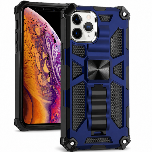 Front and back views show a navy rugged phone case with black reinforced corners, mesh-textured panels, a square metallic-looking center plate and a ribbed folding kickstand below.