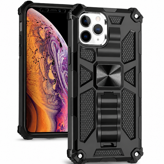 Front and back views show a black rugged phone case with reinforced corners, mesh-textured panels, a square metallic-looking center plate and a ribbed folding kickstand below.