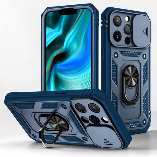 Blue rugged phone case shown from front, rear and horizontal stand position, with black bumper edges, honeycomb-textured panels, a sliding camera cover and a rotating ring kickstand.
