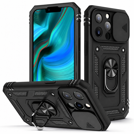 Black rugged phone case shown from front, rear and horizontal stand position. Its angular textured back has a sliding camera cover and a fold-out ring on a circular pivot.