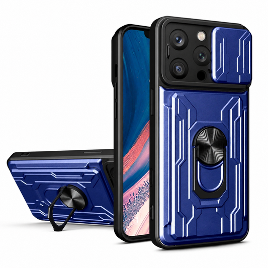 Front, rear and landscape views show a blue rugged case with silver angular accents, a sliding camera cover and a black folding ring stand on its back.
