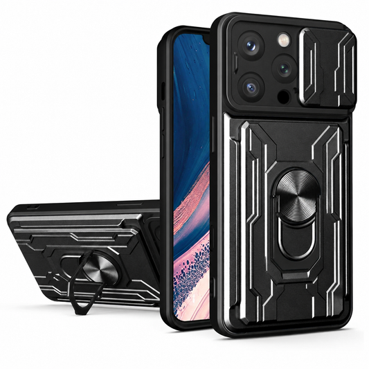 Front, rear and landscape views show a black rugged case with silver angular lines, a sliding camera cover and an oval ring beneath a circular mount. The unfolded ring supports the horizontal phone.