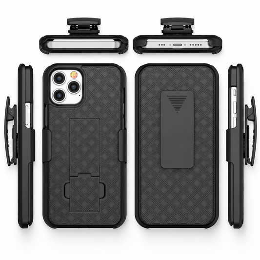 Six views show a black crosshatch-patterned phone case and belt-clip holster from back, side, top and bottom. A rectangular kickstand folds into the case, while a long clip projects from the holster.