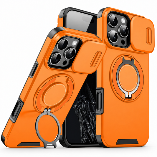 Three views of an orange rugged case show its sliding camera cover and circular rear ring, flat in one view and extended in another.