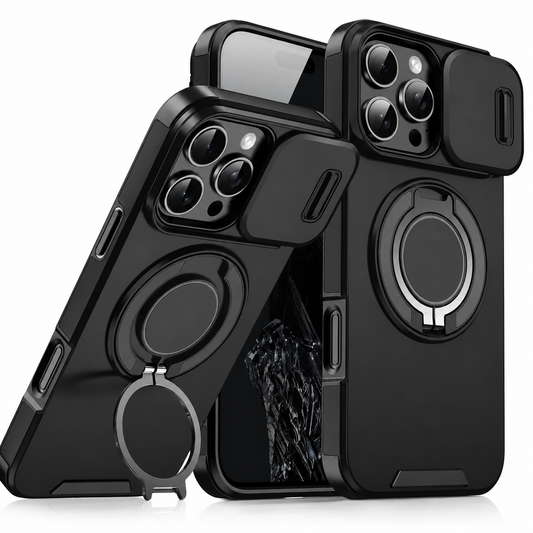 Three views of a black rugged case show a sliding camera cover and circular rear ring. One angled view has the ring extended as a stand.