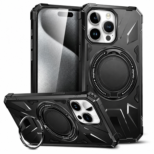 Front, rear and horizontal views show a black angular rugged case with a large circular rear ring. The horizontal phone is supported by the open ring.