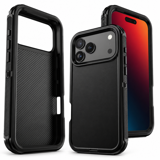 Black rugged case shown as an empty shell, a rear-covered phone, and a front view. Thick corner bumpers surround the screen and a broad opening exposes the camera lenses.