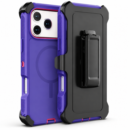A purple rugged phone case stands behind a separate black belt clip holster on a white background. Three rear camera lenses sit inside a pale rectangular camera opening outlined in red. The case has ribbed side grips, black corner guards, and a darker circular ring with a short bar on its back. The holster overlaps the right side, with its long rectangular belt clip facing the viewer.