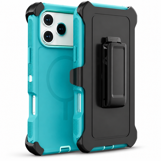 A turquoise rugged phone case and a separate black belt clip holster stand upright against a white background, with the holster overlapping the case on the right. The case shows three rear camera lenses, ribbed side grips, black corner guards, pale side buttons, and a darker circular ring with a short vertical bar on its back. A long rectangular clip projects from the center of the holster.