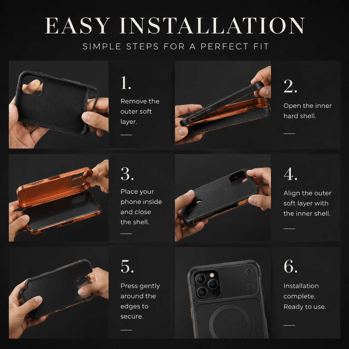Six numbered panels illustrate removing the soft outer layer, opening the hard shell, placing the phone inside, replacing the outer layer and pressing the edges to finish assembly.