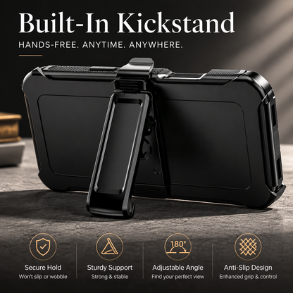 A black belt-clip holster supports a phone horizontally on a stone surface, with the long clip unfolded as a stand. Icons advertise secure support and adjustable angles.