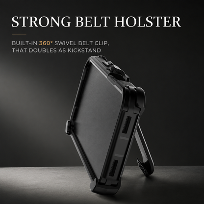 A black case sits in a belt holster with its clip folded outward to form a stand. Text describes a 360-degree swivel belt clip that doubles as support.