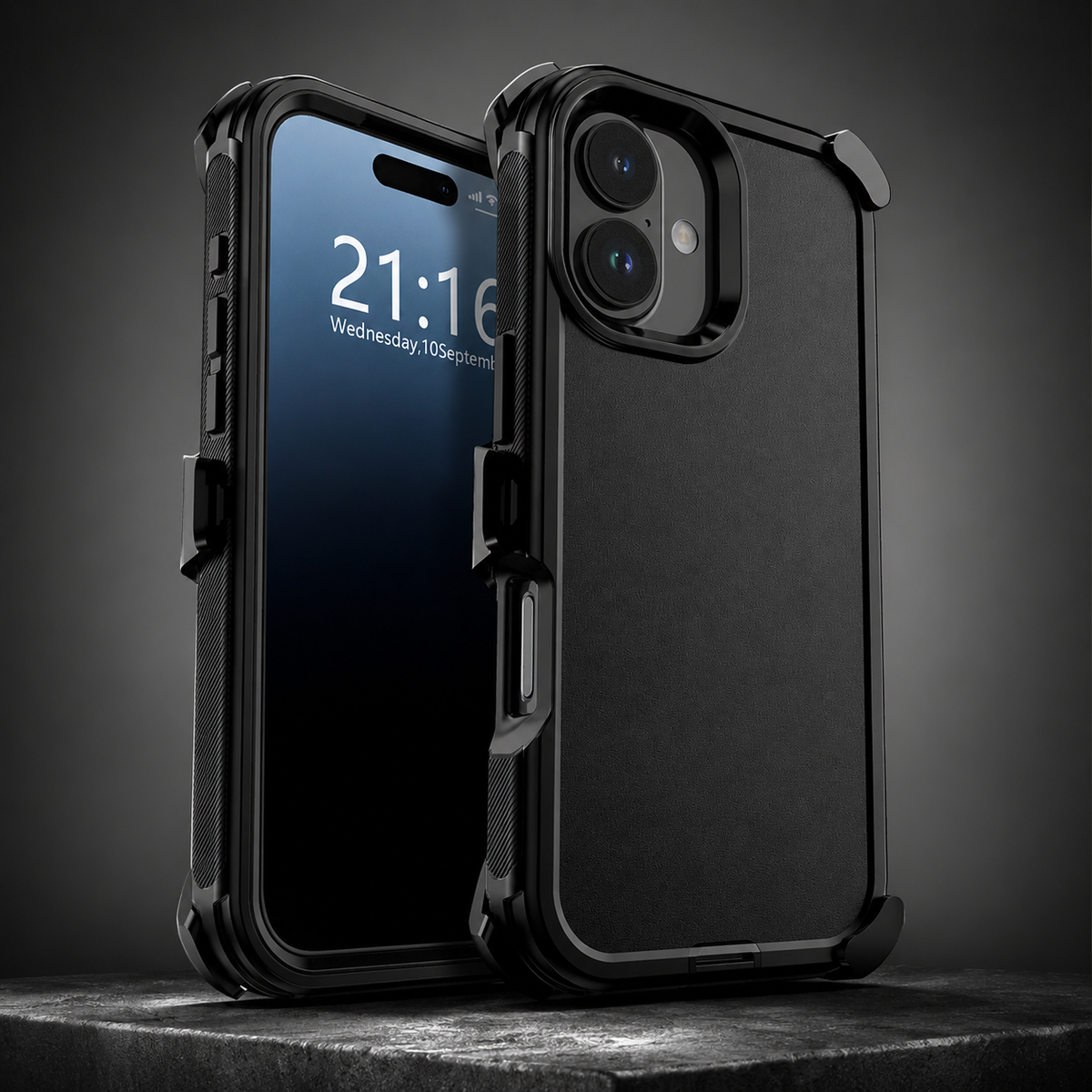 Front and rear views show a black rugged case standing on stone. Thick corners and textured side grips surround the screen and two-lens camera opening.