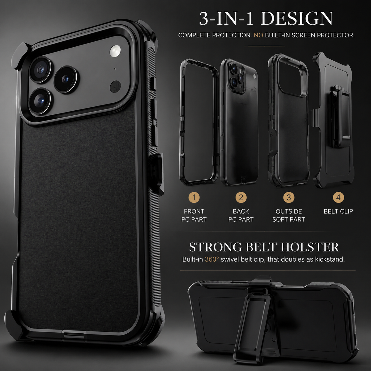 A black rugged case appears beside an exploded component diagram and a landscape stand view. Labels identify front and rear PC parts, a soft outer layer and belt clip.
