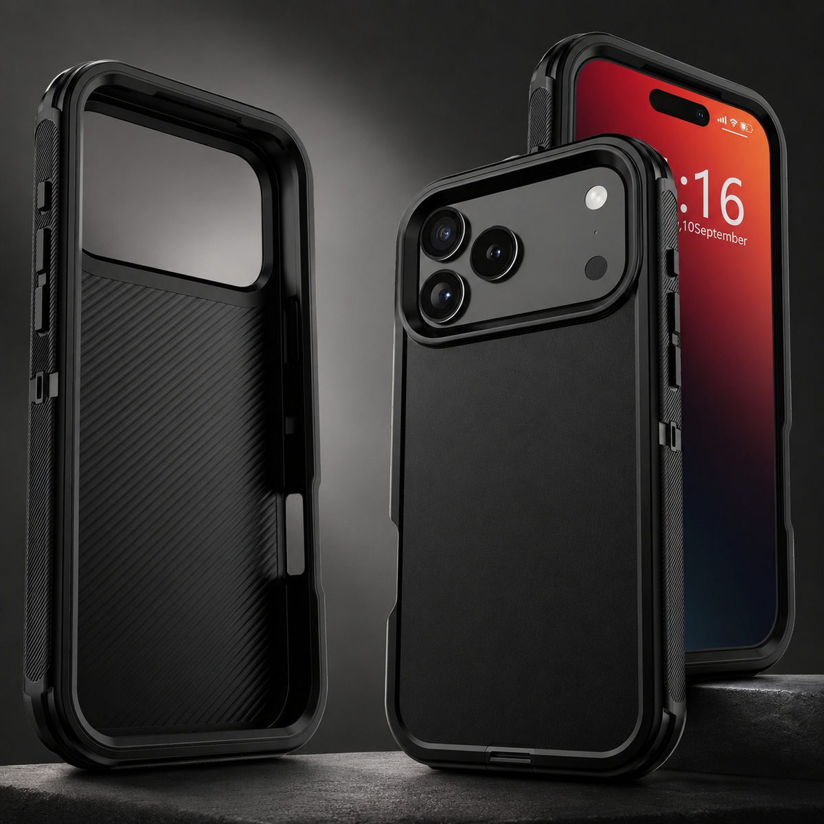 A black rugged case stands beside its empty ribbed inner shell and a front-facing phone with a red screen. Reinforced corners and thick side grips are visible.