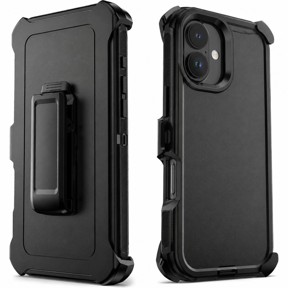 Rear views show a thick black rugged case beside its belt-clip holster. Reinforced corner bumpers, side grips and a large rectangular clip are visible.