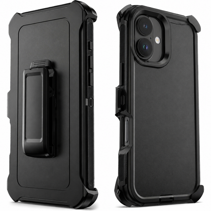 Rear views show a thick black rugged case beside its belt-clip holster. Reinforced corner bumpers, side grips and a large rectangular clip are visible.