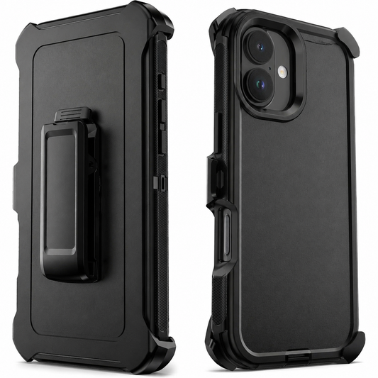 Rear views show a thick black rugged case beside its belt-clip holster. Reinforced corner bumpers, side grips and a large rectangular clip are visible.