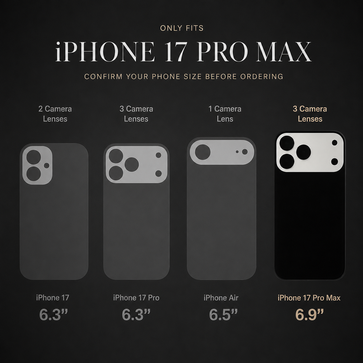 A compatibility diagram compares four iPhone silhouettes with different camera layouts and screen sizes. The iPhone 17 Pro Max at 6.9 inches is highlighted, and the heading says Only Fits iPhone 17 Pro Max and asks viewers to confirm their phone size.