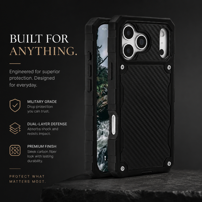 Front and rear views of a rugged black case stand on dark stone. The case has thick bumper corners, silver fasteners, a diagonal woven-looking back panel and broad camera openings. The heading reads Built for Anything.