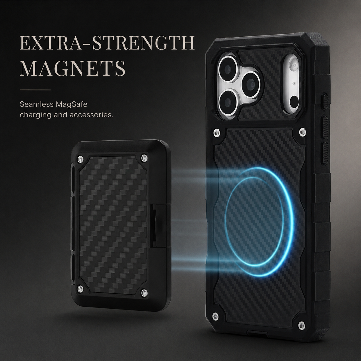 A black rugged case and a smaller patterned accessory are surrounded by a glowing blue circular magnetic graphic. The heading reads Extra Strength Magnets.