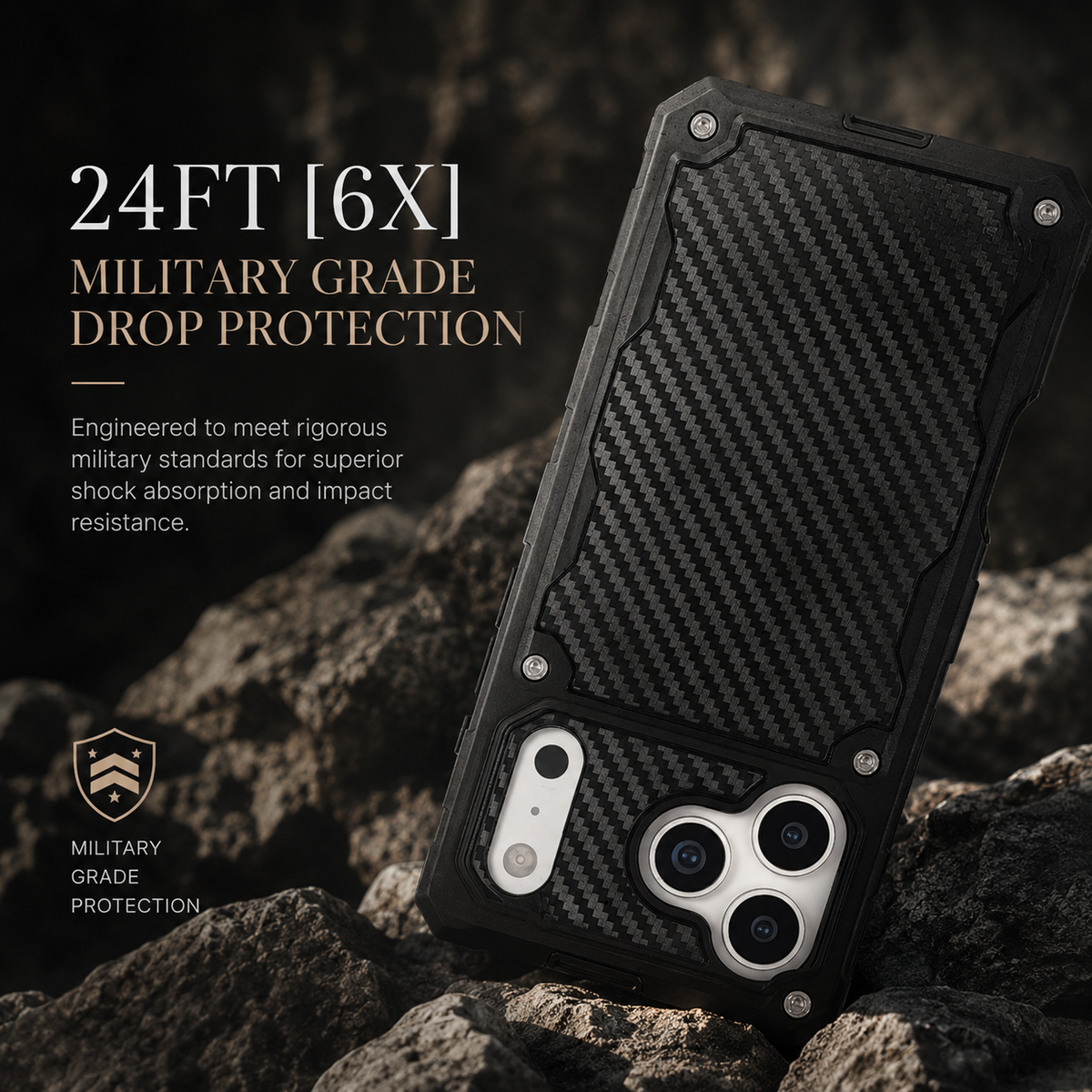 A black rugged case is illustrated leaning camera-end downward against rough rock. Large text advertises 24-foot, six-times military-grade drop protection.