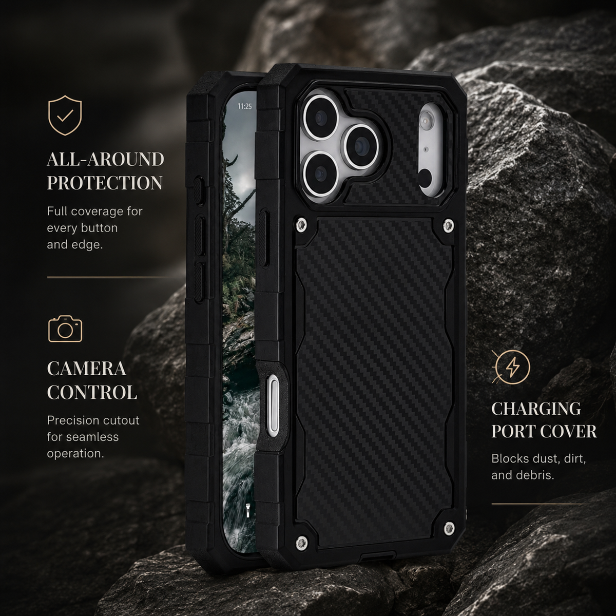 Front and rear views of a rugged black case sit on dark rock. Callouts identify all-around protection, a camera-control opening and a port cover intended to block dust.