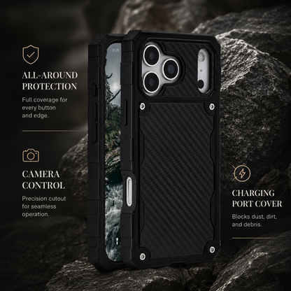 Front and rear views of a rugged black case sit on dark rock. Callouts identify all-around protection, a camera-control opening and a port cover intended to block dust.