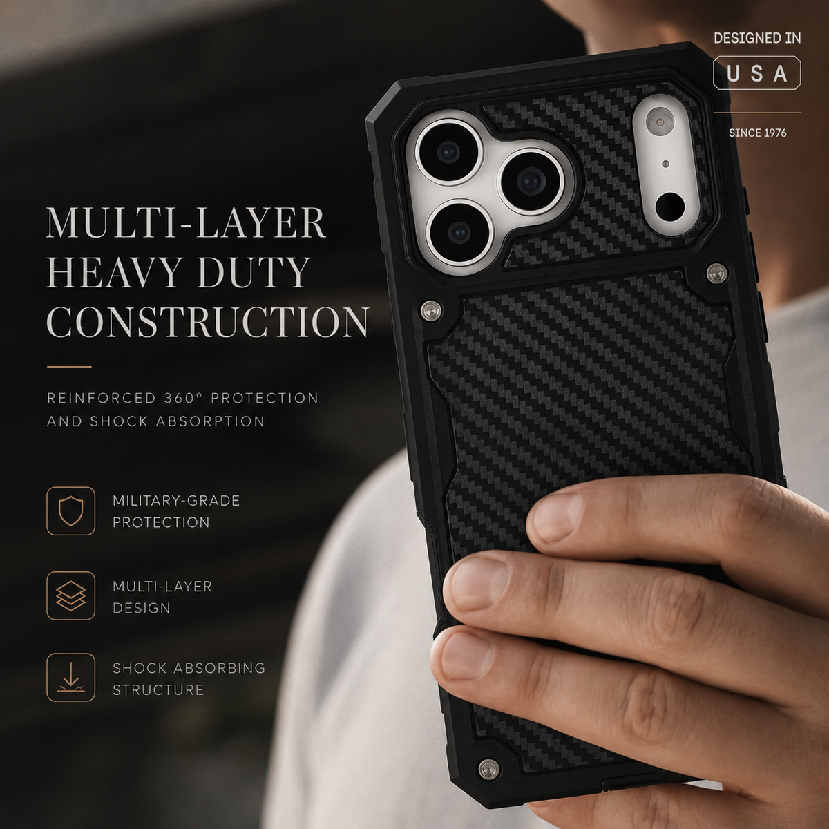 A person in a white shirt holds a rugged black case close to the camera, showing its thick frame, diagonal woven-looking rear panel and silver fasteners. The heading reads Multi Layer Heavy Duty Construction.