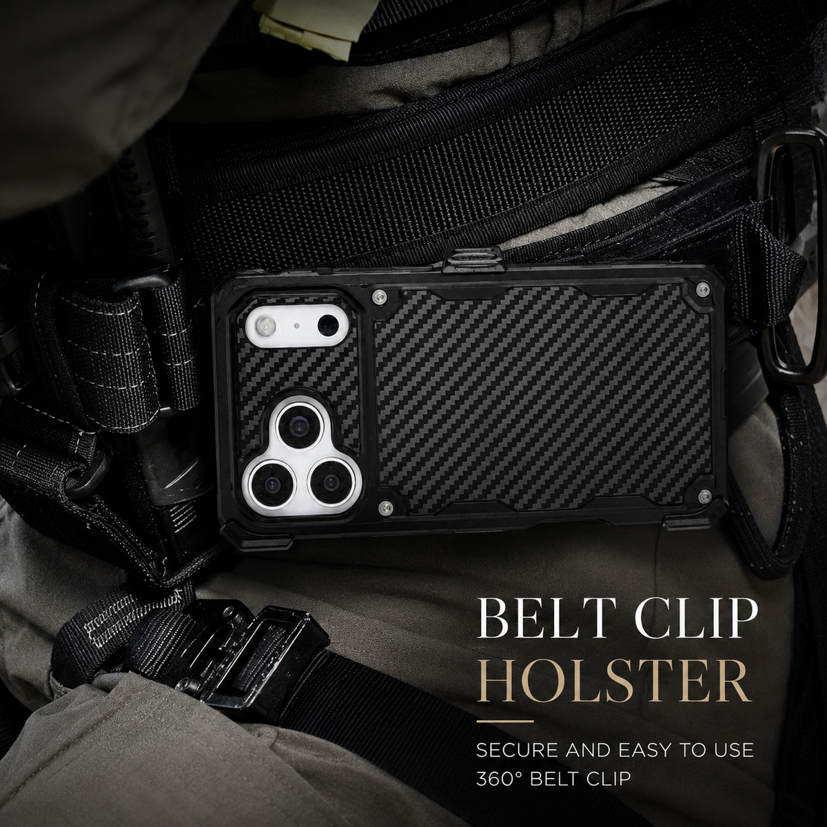 A black case is held horizontally by a belt clip against dark tactical-style clothing and straps. The heading reads Belt Clip Holster and describes a 360-degree clip.