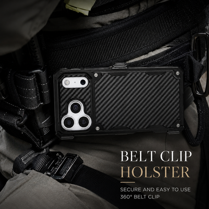 A black case is held horizontally by a belt clip against dark tactical-style clothing and straps. The heading reads Belt Clip Holster and describes a 360-degree clip.