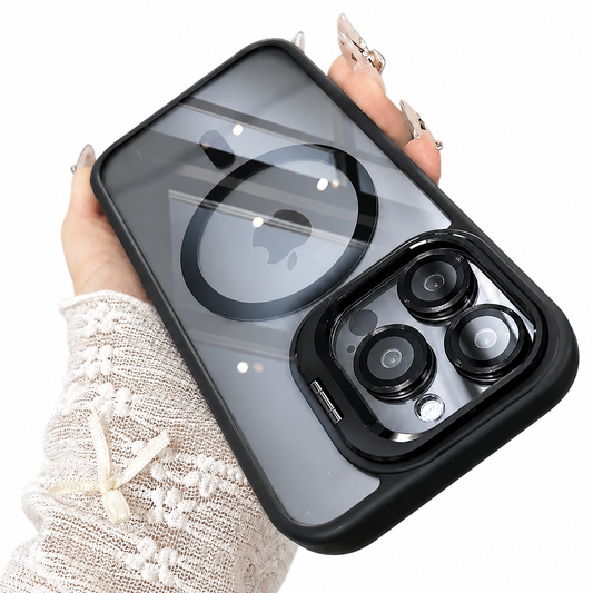 A hand in a lace sleeve holds a smoky clear phone case upside down against white. Black edges, a circular back ring and raised individual camera rings surround the visible phone.
