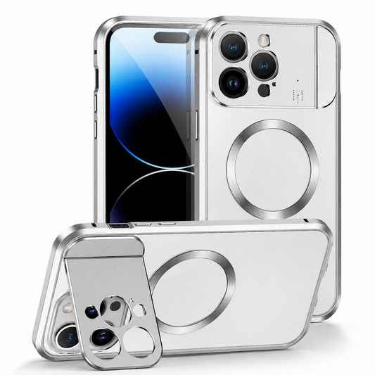 Three views show a silver-colored phone case with a metallic-looking border and large circular back ring. Its camera panel folds outward to prop the phone horizontally, alongside upright front and back views.