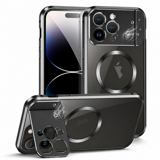 Three views show a black phone case with a metallic-looking border and large circular back ring. Its camera panel folds outward to prop the phone horizontally; wisps illustrate fragrance near the cameras.