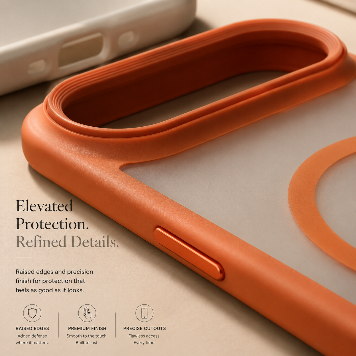 A close orange-case corner view emphasizes the raised camera opening and side-button cover beneath Elevated Protection.