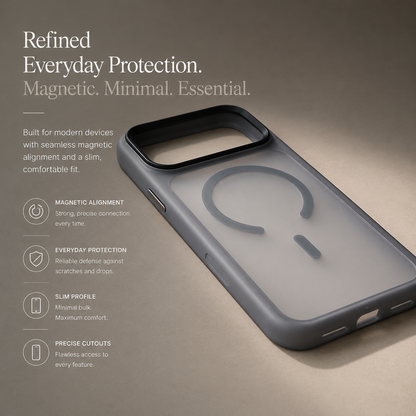 An empty dark translucent case lies on a pale surface, showing its camera opening and circular magnetic marking.