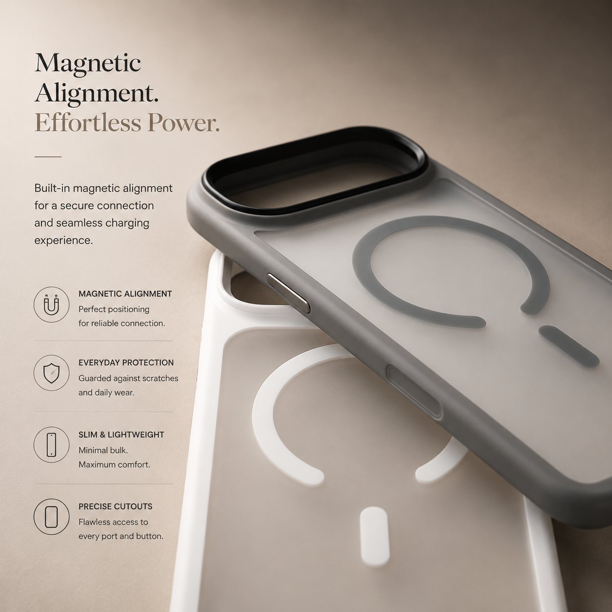 A gray translucent case overlaps a white case, showing their magnetic circles beneath Magnetic Alignment.