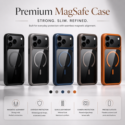 Black, gray, blue, taupe and orange cases stand in a row on a reflective pale platform beneath Premium MagSafe Case.