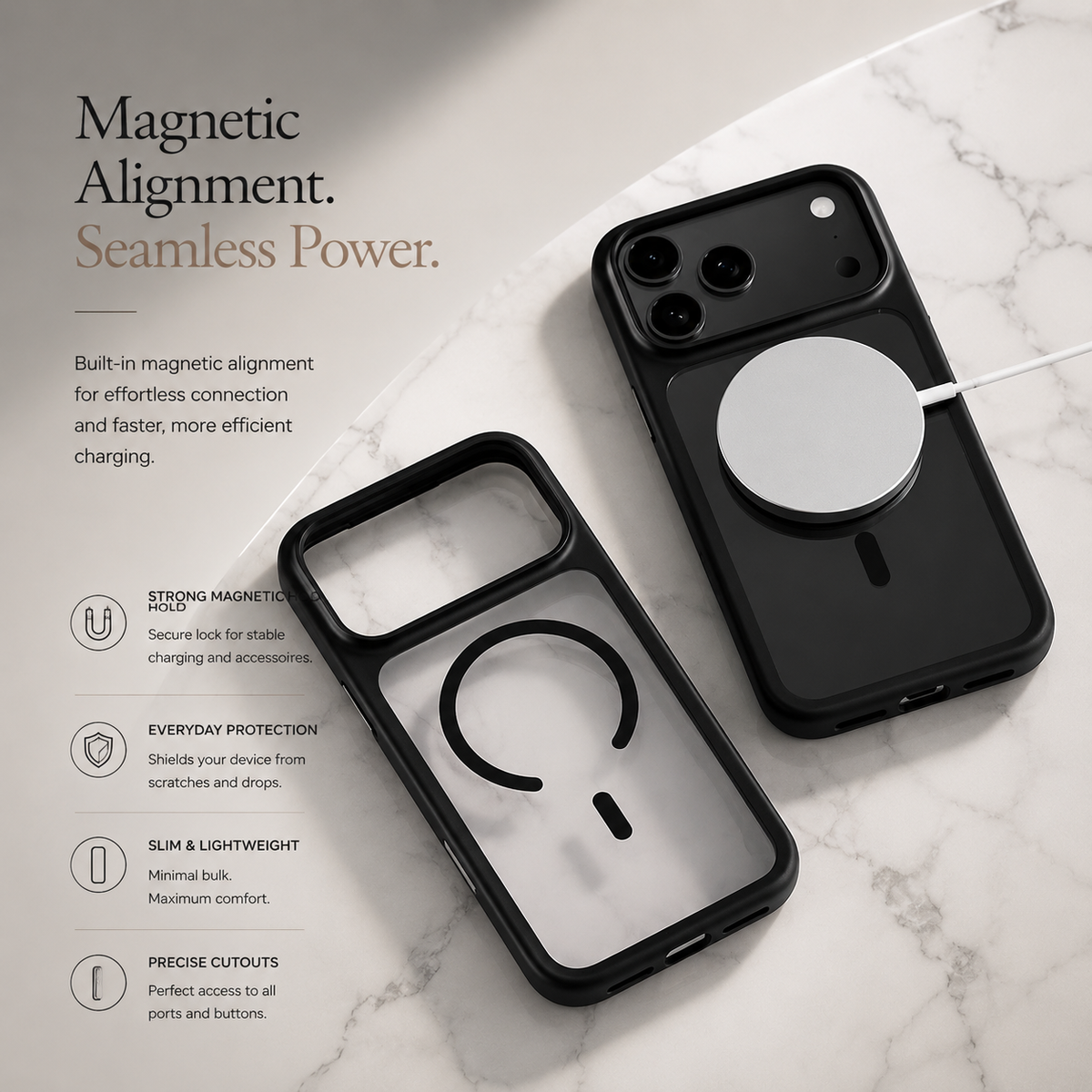 A white charging puck attaches to a dark case on a pale marble surface beside an empty matching shell.