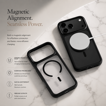 A white charging puck attaches to a dark case on a pale marble surface beside an empty matching shell.