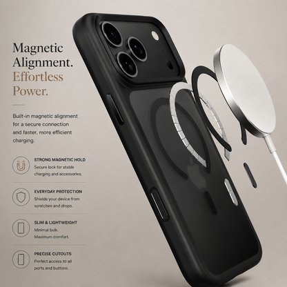 An exploded black-case charging diagram separates the phone case, magnetic circle and white charging puck.